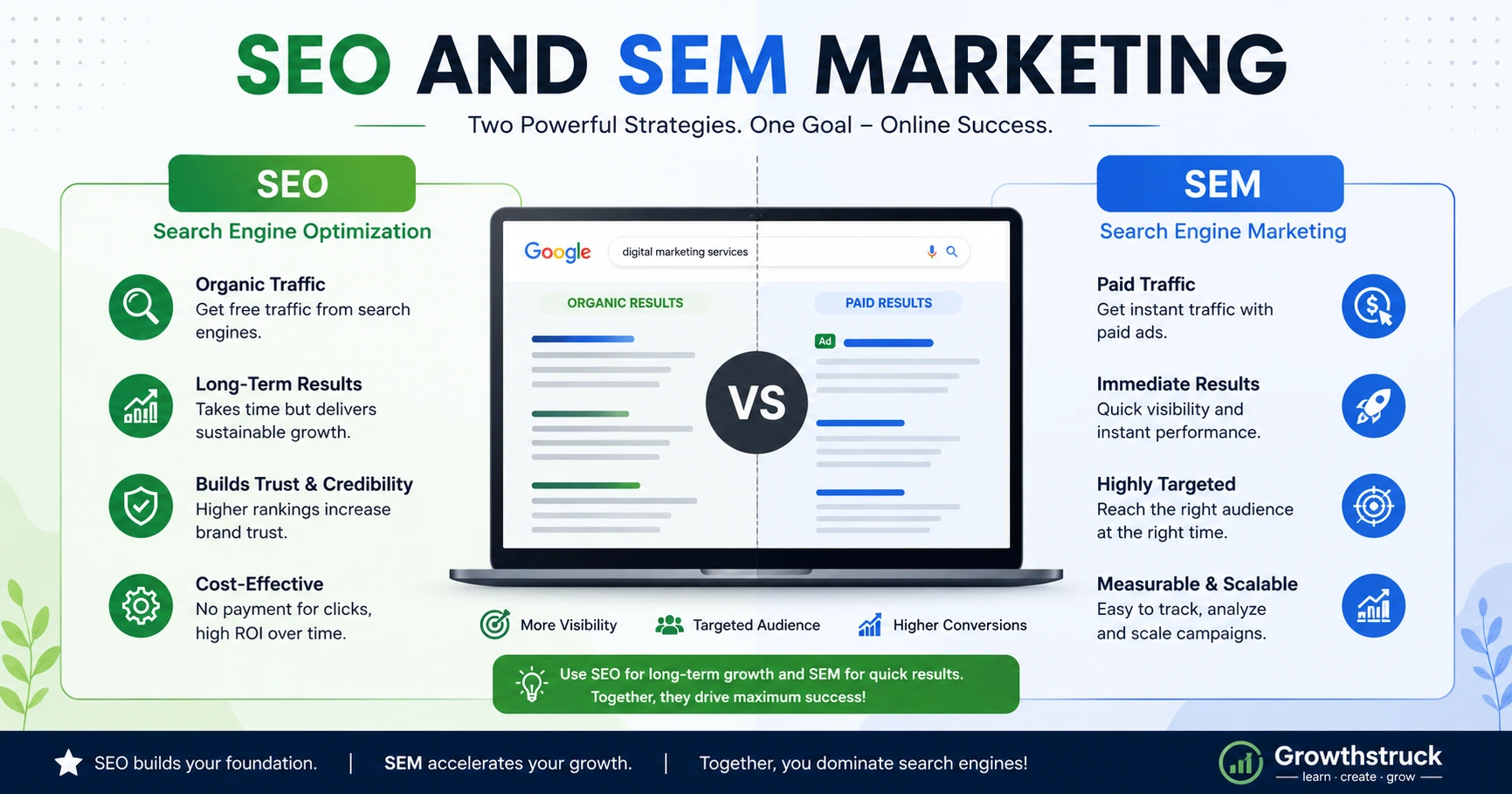 SEO and SEM marketing comparison infographic
